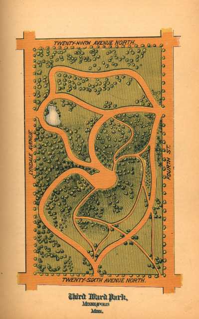 Color plan for Third Ward (now Farview) Park, Horace W. S. Cleveland, 1883 Annual Report, Minneapolis Board of Park Commissioners, 1883.