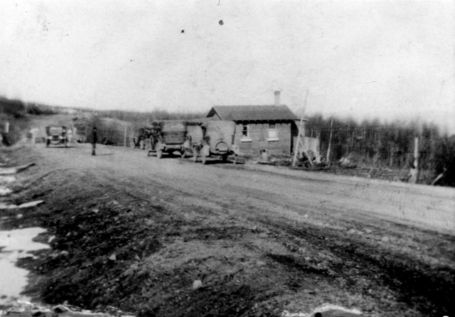 Black and white photograph of the first Stickney Store, facing east, ca. 1922. 