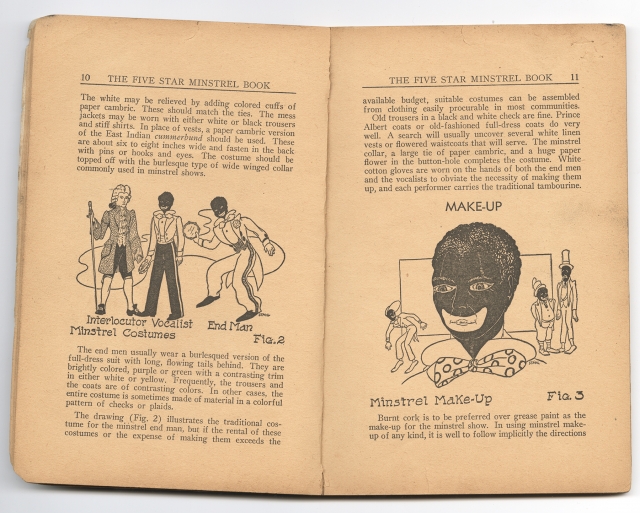 Inside spread of The Five Star Minstrel Book, describing the iconic details of traditional minstrel-show costume and makeup. 