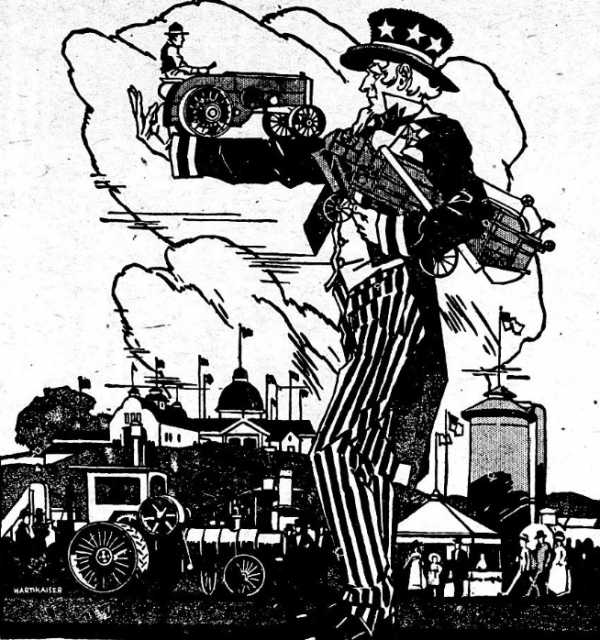Black and white scan of a newspaper cartoon advertising the Food Training Camp at the Minnesota State Fair. Image is from the St. Paul Appeal, August 4, 1917.