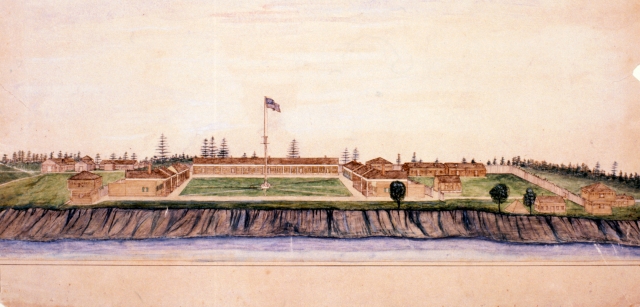 Watercolor of 1868 Fort Ripley by Col. Edward G. Bush (1838–1892). Painted by Bush in 1880 upon revisiting the fort that he commanded September 1868 to May 1869 while a thirty-year-old captain.  The painting depicts the fort as he remembered it in 1868.  