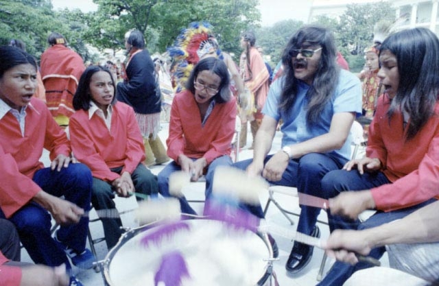 Drummers from the Red Lake Band of Ojibwe provide accompaniment for a dance performed for Vice President Walter Mondale.
