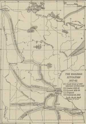 Map reproduced in William Watts Folwell's <em>History of Minnesota</em>, Vol. 2 showing railroad lines in Minnesota as graded, located, proposed, and constructed between 1857 and 1862.