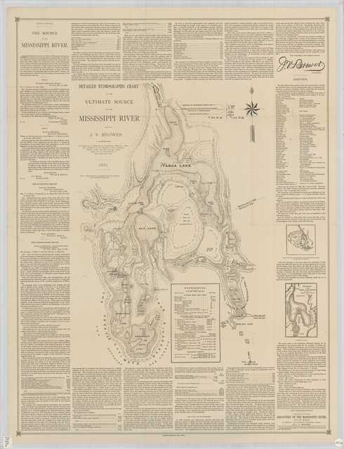 Detailed hydrographic chart of the source of the Mississippi River (Lake Itasca) and surrounding area completed by Jacob Brower in 1891.