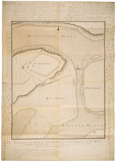 Topographical map of Fort St. Anthony (Fort Snelling), 1823. Drawn by Sergeant Joseph E. Heckle with marginal notes by Major Josiah H. Vose, Fifth U.S. Infantry.