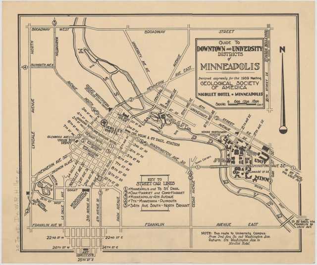 Color scan of a map of the downtown and university districts of Minneapolis, 1939.