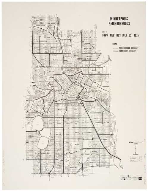 Map showing Minneapolis neighborhoods, before the city split Bryn Mawr from Near North, ca. 1975. Minneapolis Department of Planning and Development.