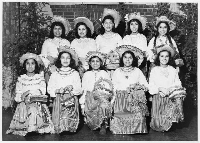 Black and white photograph of Young Mexican American women in Minnesota, c. 1950.