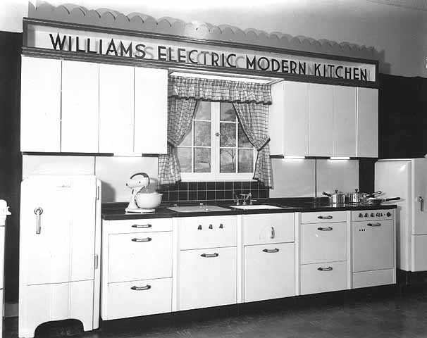 Black and white photograph of a Williams Electric Kitchen model, ca. 1938. Photographed by the Lee Brothers.