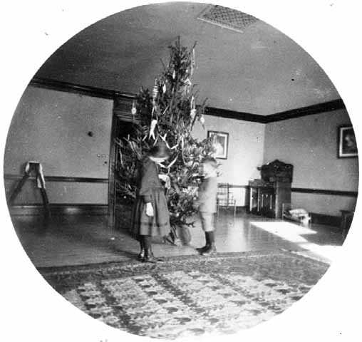 Black and white photograph of Gertrude and Walter J. Hill standing in front of a Christmas tree at the James J. Hill house, 240 Summit, St. Paul, 1891.