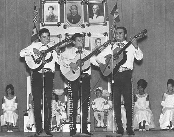 Black and white photograph of Guitarists at a Mexican Independence celebration, September 15, 1970.