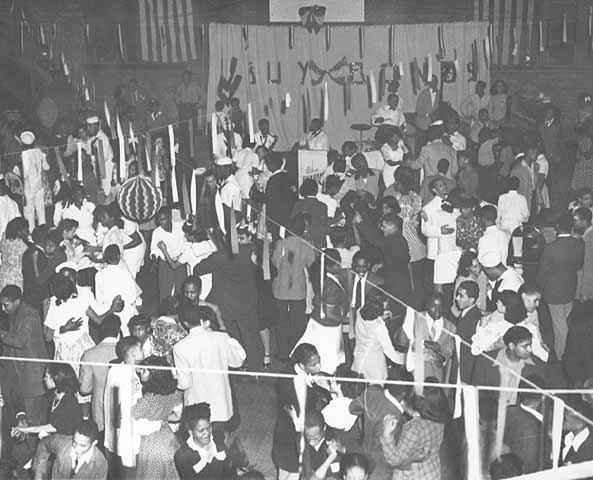 Black and white photograph of a neighborhood dance at Phyllis Wheatley House, ca. 1945.