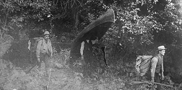 Black and white photograph of from left to right: Leonidas, John, and Bert Merritt exploring, 1890.