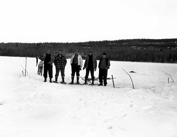 Men on a snowshoeing outing along the Gunflint Trail. Photograph by Kenneth Melvin Wright, 1944.
