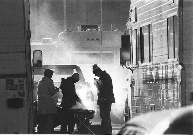 Black and white photograph of tailgaters at Minnesota Vikings vs. Los Angeles Rams, National Football Conference title game, Metropolitan Stadium, Bloomington, 1974. Photograph: Spence, Minneapolis Star & Tribune.