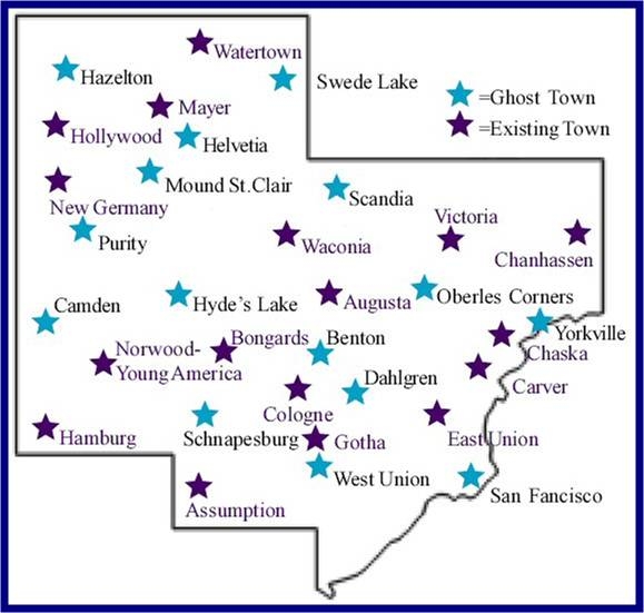 a map graphic indicating the locations of ghost towns, as well as existing towns, within the boundaries of Carver County