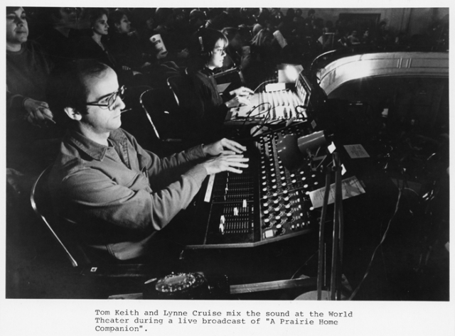 Sound engineer and sound effects man Tom Keith and Lynne Cruise mix sound during a performance of A Prairie Home Companion at the Fitzgerald Theater, ca. 1985.