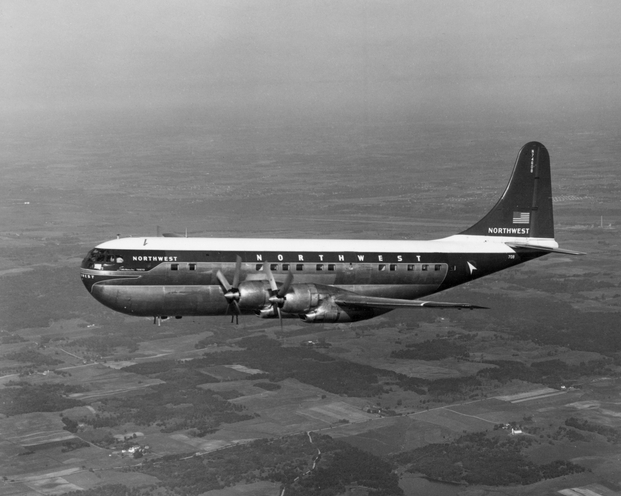 Black and white photograph of Northwest Airlines Stratocruiser, c.1955. Photographed by Don Berg Photography.