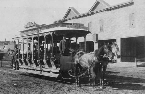 Black and white photograph of a horsecar in Minneapolis on Plymouth and Bloomington Avenue line, c.1888.