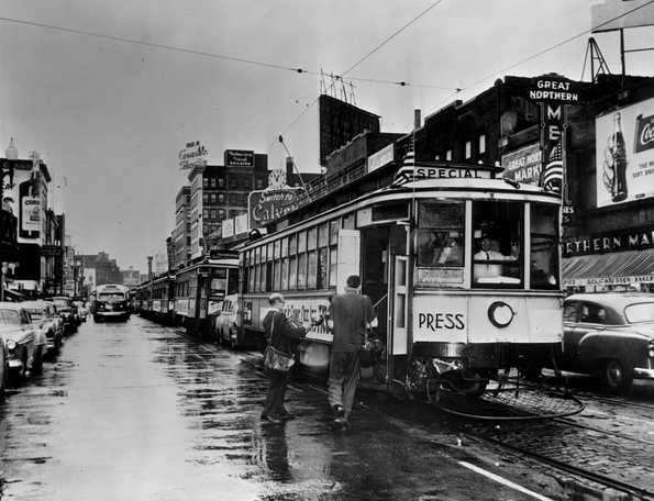 Black and white photograph of the last day of streetcar service in Minneapolis, June 18, 1954.