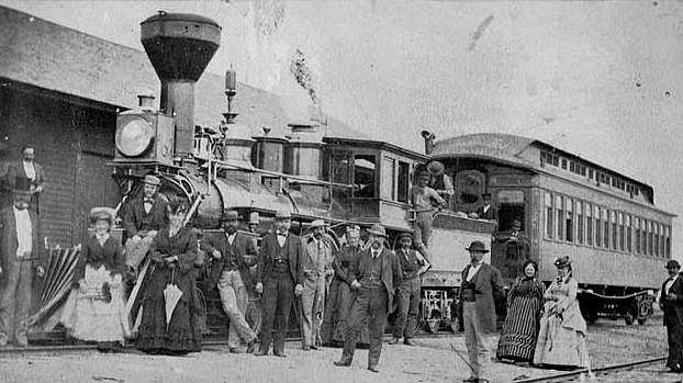 Black and white photograph of the St. Paul and Pacific Railroad officials and guests at Breckenridge, 1873.  