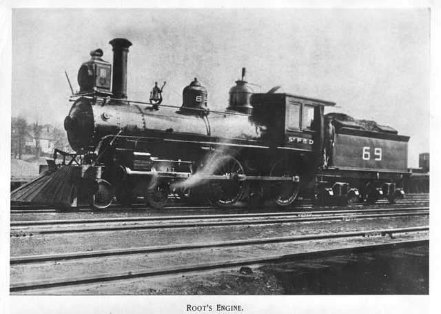 Root's engine, St. Paul and Duluth Railroad Company. The engine powered the last train load of survivors out of Hinckley during the fire in 1894. Photographed ca. 1895. James Root was the engineer on the evacuation train. 