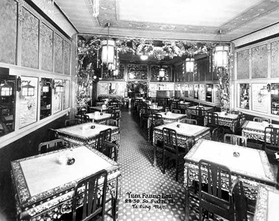 The interior of Yuen Faung Low (John's Place), a Chinese restaurant in Minneapolis (28–30 South Sixth Street), ca. 1915.