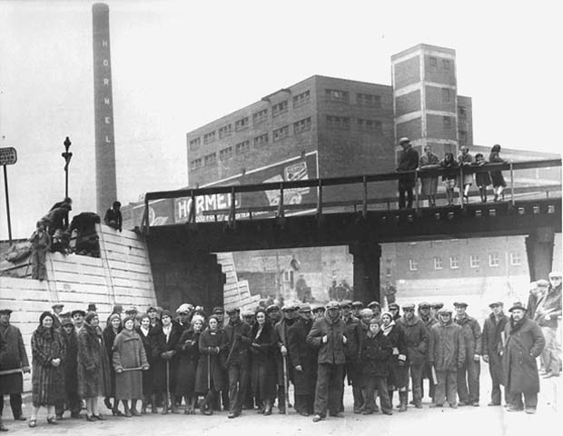 Workers striking at Hormel Packing Plant, Austin, 1933.