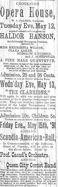 An advertisement in the Crookston Weekly Times for a performance by Norwegian violinist Haldor Hanson on May 13, 1891. 