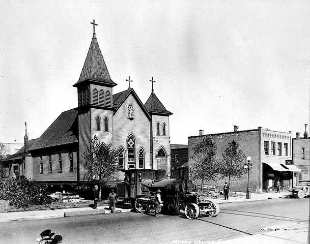 Moving church from Townsite Forty to Park Addition, Hibbing.