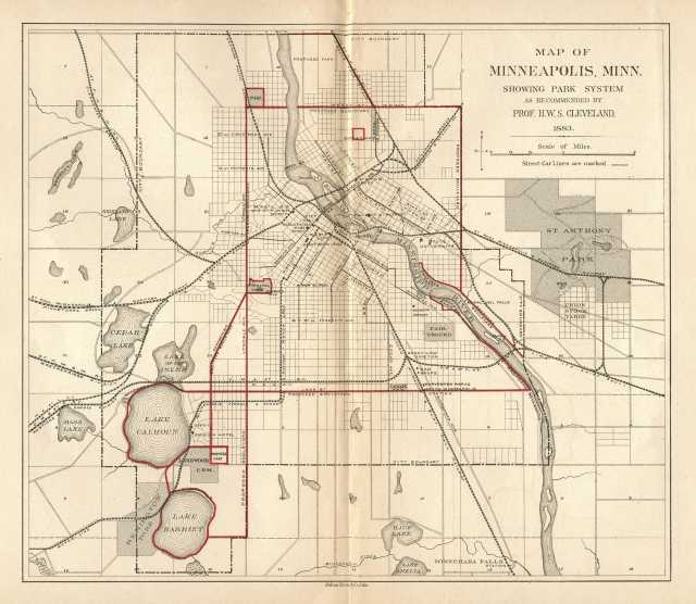 Map detailing Cleveland's proposal for a system of parkways in Minneapolis, 1883. 