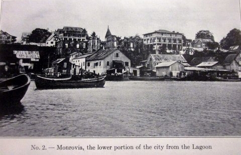 Black and white postcard of Monrovia waterfront, ca. 1900s.