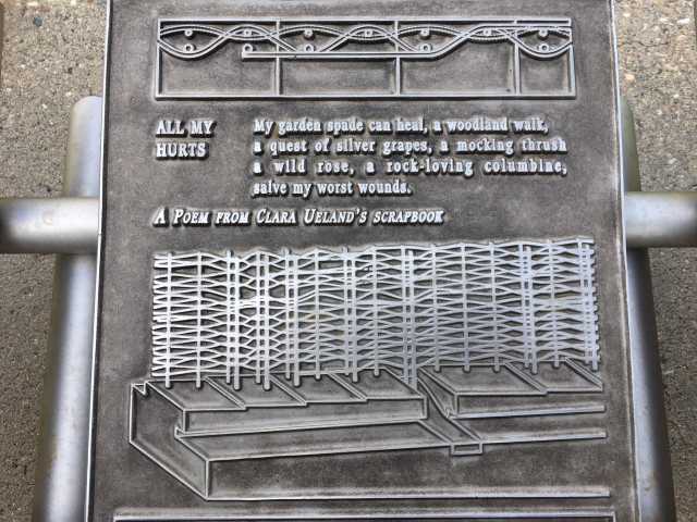 Detail of a steel tablet featuring an image of the memorial trellis and a poem from suffragist Clara Hampson Ueland’s scrapbook. Photo by Linda A. Cameron.
