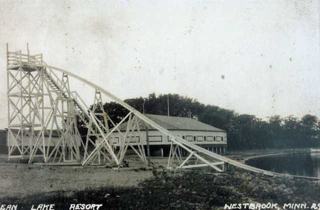 Water slide with roller rink in the background, Bean Lake Resort, 1929