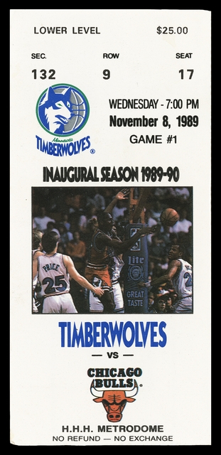 Color image of a Minnesota Timberwolves ticket to the Chicago Bulls game during the inaugural season of 1989-90, at the Hubert H. Humphrey Metrodome.