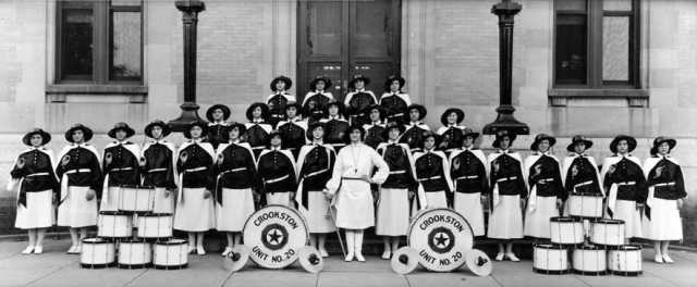 Black and white photograph of the American Legion drum and bugle corps of Crookston, ca. 1930.