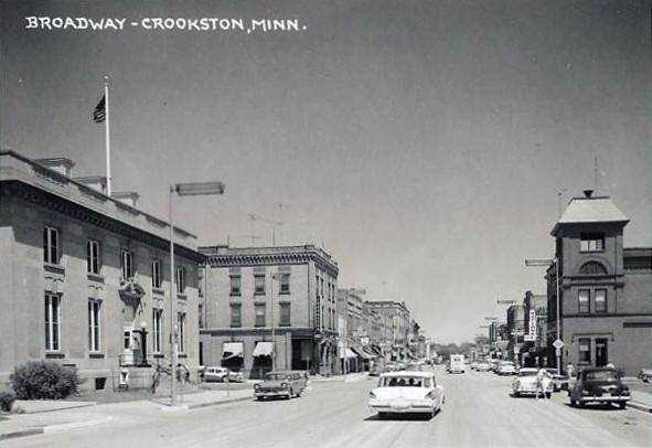 Black and white photograph of Broadway in Crookston, ca. 1950s.