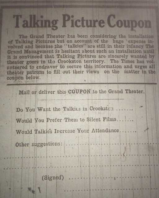 Coupon asking for public opinion on “talkies” in the Crookston Daily Times, May 21, 1929.