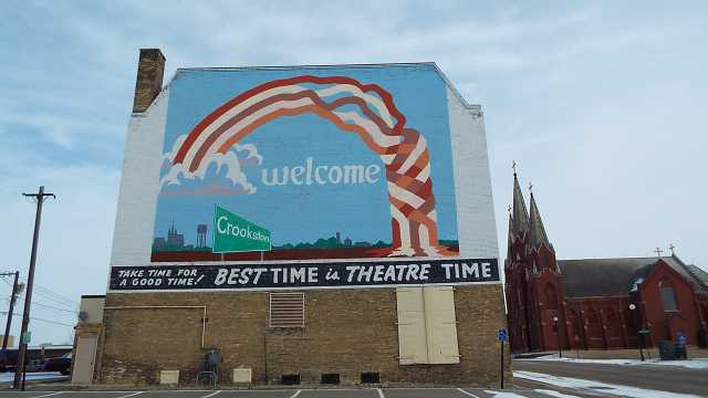 Color image of the back of Grand Theater, showing mural, March 2017.
