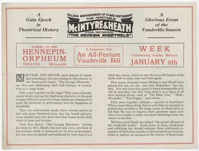 Inside spread of a pamphlet promoting the fiftieth anniversary performance by long time stage partners James McIntyre and Thomas Heath. The pamphlet celebrates the longevity of the duo as well as the quality of their blackface minstrel shows. From the Minnesota Historical Society pamphlet collection, St. Paul.