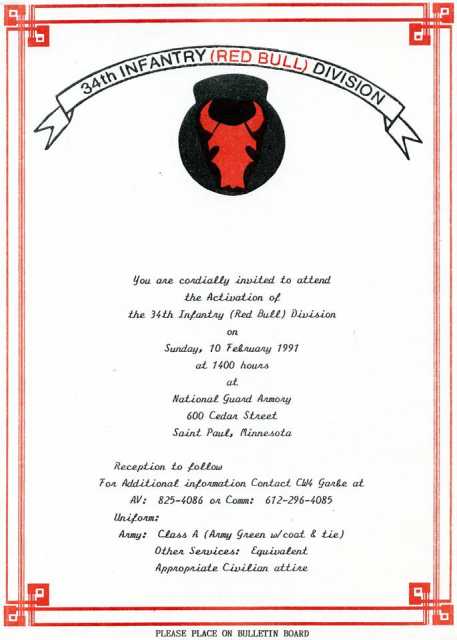 Color scan of an invitation to the ceremony on February 10, 1991, that reactivated the Thirty-fourth Division.