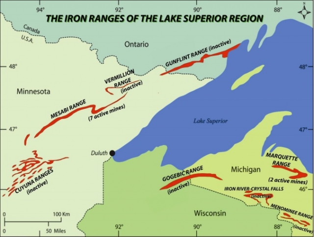 Map of the iron ranges of the Lake Superior region