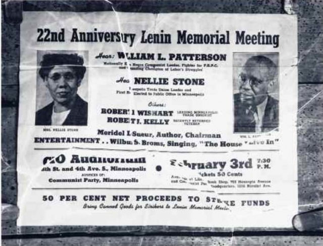 Black and white scan of a flyer, with photo, advertising a Communist Party-sponsored event, 1946.