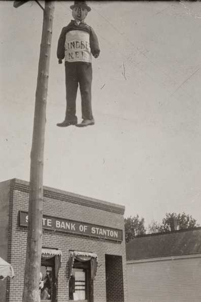 Black and white photograph of effigy of Charles A. Lindbergh hanging in Stanton, c.1918.
