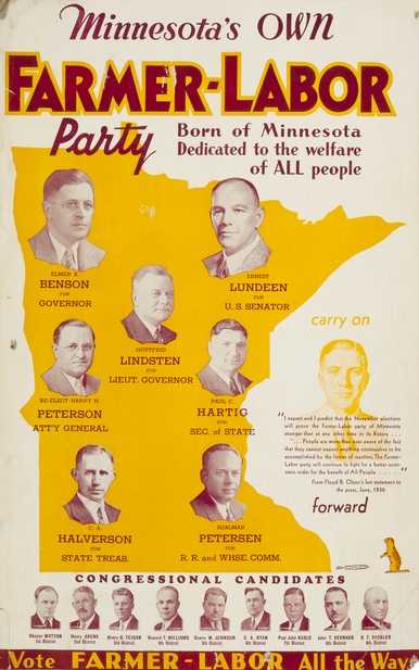 Color image of a poster titled, "Minnesota's own Farmer-Labor party," 1936.