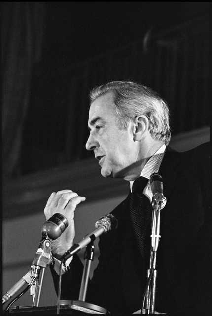 Black and white photograph of Senator Eugene McCarthy speaking at St. John's University, 1968.