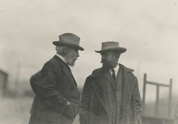 Black and white photograph of James J. Hill (left) with his son, Louis W. Hill, 1912.