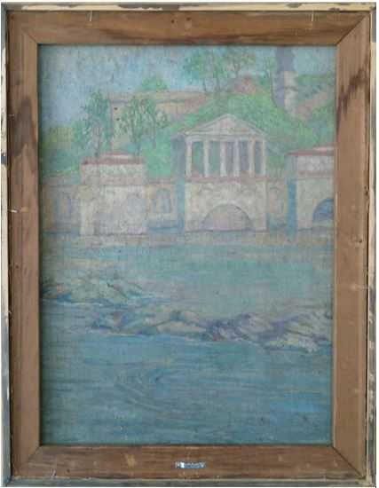 Color image of unknown title, reverse (Italian scene), oil-on-canvas painting by Elsa Jemne, undated.