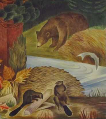 Color image of a detail view of Wilderness, Elsa Jemne’s mural for the Ely Post Office, 1940. 