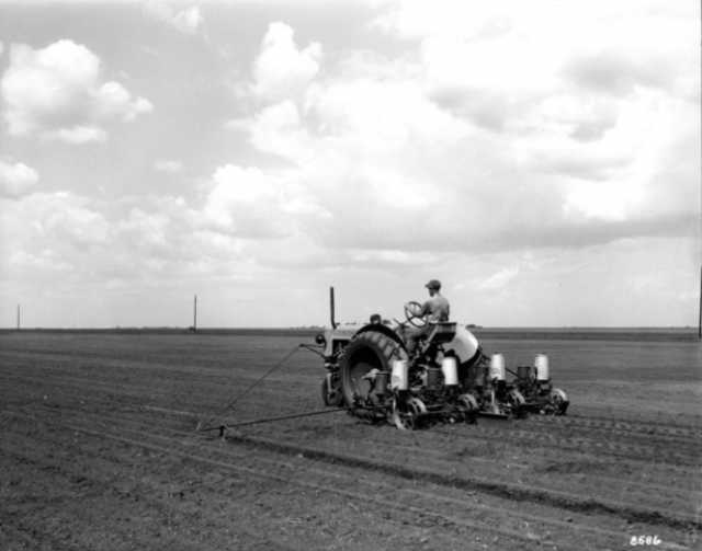 Minneapolis-Moline Tractor Model ZA, with N single wheel, narrow front wheels, and a corn planter (4-row, AQ/PQ), shown on a farm. Left-rear perspective, ca. 1935–1965. Photograph by Arthur H. Jensen.